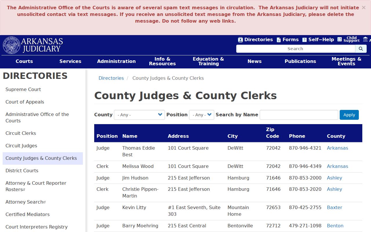 Prairie County civil docket county judge and clerk directory